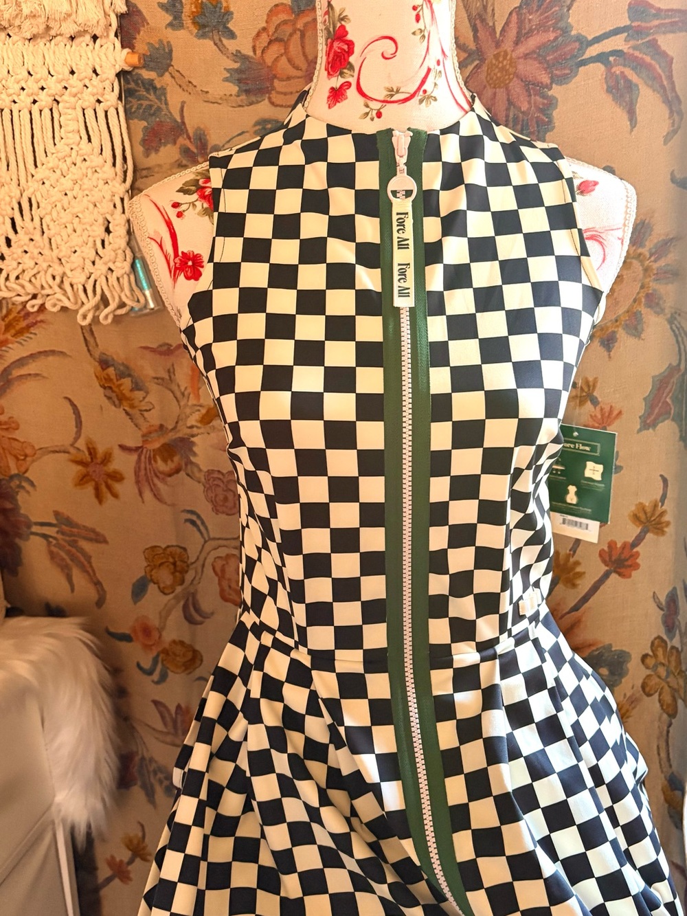 Fore All Black & White Checkered Mini Dress with Front Zip